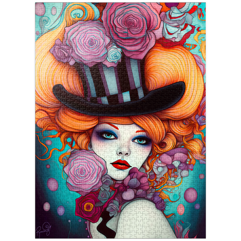 puzzleplate Whimsical Woman with Striped Top Hat and Floral Accents 1000 Jigsaw Puzzle
