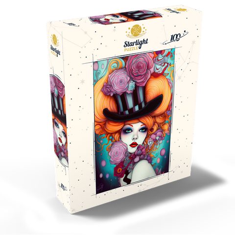 Whimsical Woman with Striped Top Hat and Floral Accents 100 Jigsaw Puzzle box view2