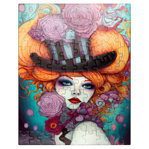 puzzleplate Whimsical Woman with Striped Top Hat and Floral Accents 100 Jigsaw Puzzle