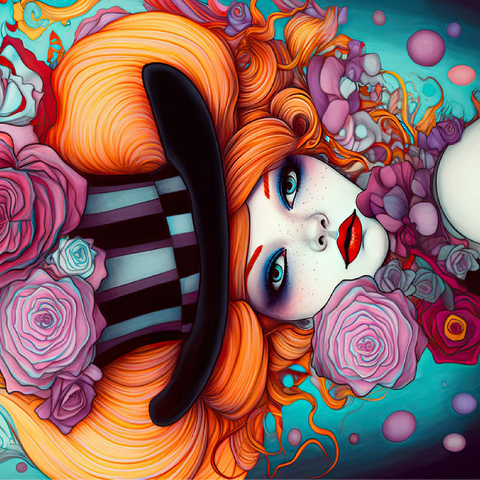 Whimsical Woman with Striped Top Hat and Floral Accents 100 Jigsaw Puzzle 3D Modell