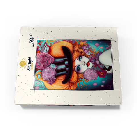 Whimsical Woman with Striped Top Hat and Floral Accents 500 Jigsaw Puzzle box view3