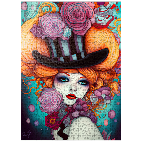 puzzleplate Whimsical Woman with Striped Top Hat and Floral Accents 500 Jigsaw Puzzle