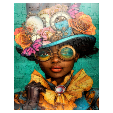 puzzleplate Steampunk Woman with Floral Hat and Gears 100 Jigsaw Puzzle