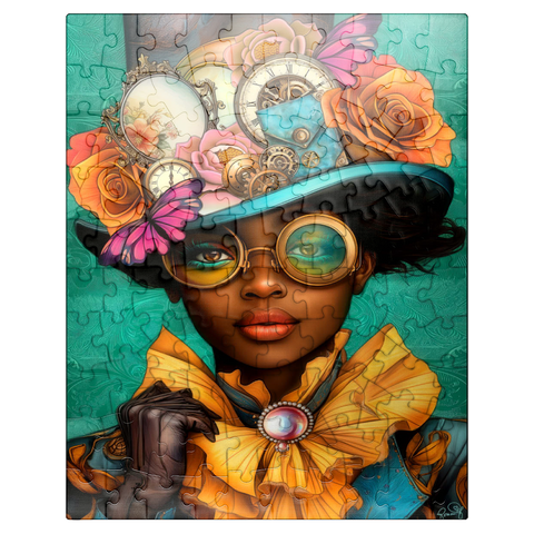 puzzleplate Steampunk Woman with Floral Hat and Gears 100 Jigsaw Puzzle