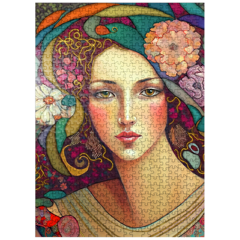 puzzleplate Art Nouveau Woman with Floral and Gold Accents 500 Jigsaw Puzzle
