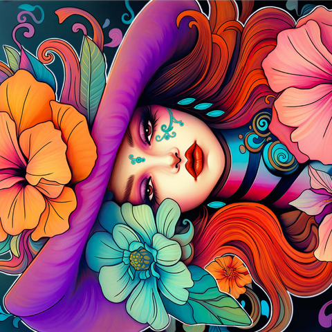 Floral Muse with Violet Hat and Fiery Hair 1000 Jigsaw Puzzle 3D Modell