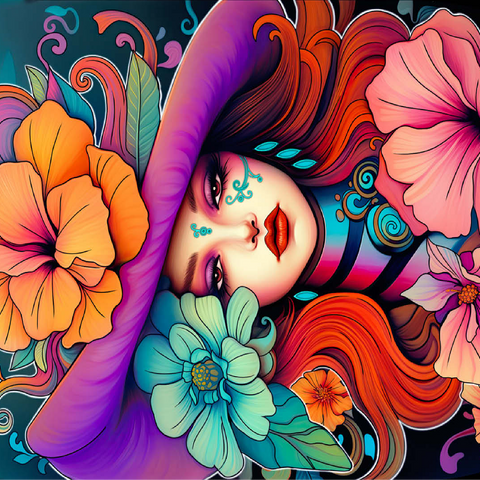 Floral Muse with Violet Hat and Fiery Hair 100 Jigsaw Puzzle 3D Modell