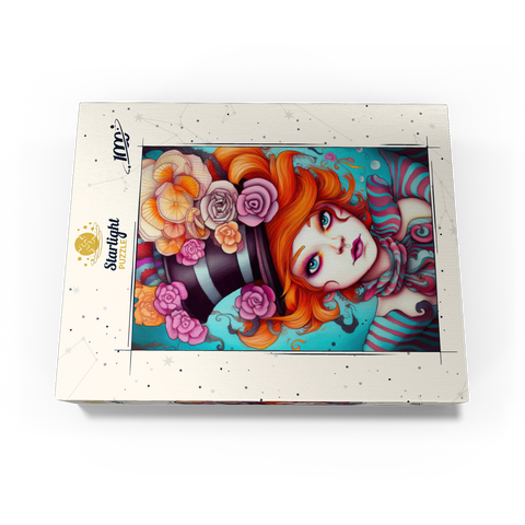 Whimsical Woman with Striped Top Hat and Floral Accents 1000 Jigsaw Puzzle box view3
