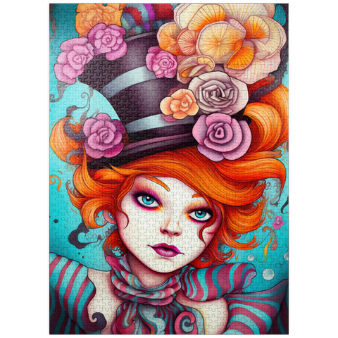 puzzleplate Whimsical Woman with Striped Top Hat and Floral Accents 1000 Jigsaw Puzzle