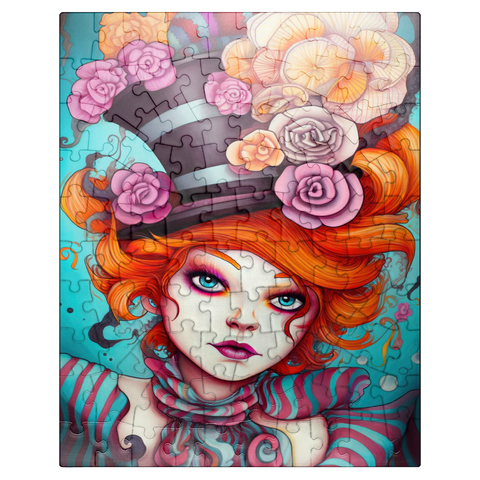 puzzleplate Whimsical Woman with Striped Top Hat and Floral Accents 100 Jigsaw Puzzle