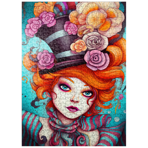 puzzleplate Whimsical Woman with Striped Top Hat and Floral Accents 500 Jigsaw Puzzle