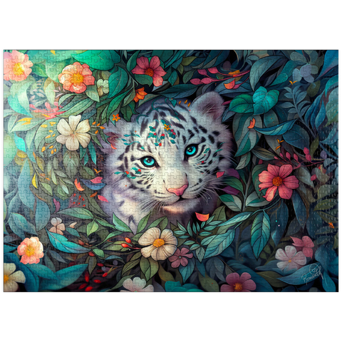 puzzleplate White Tiger Cub Surrounded by Vibrant Jungle Flowers 1000 Jigsaw Puzzle