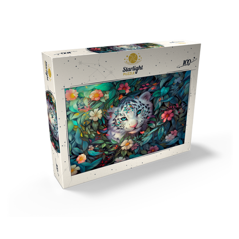 White Tiger Cub Surrounded by Vibrant Jungle Flowers 100 Jigsaw Puzzle box view2