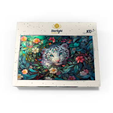 White Tiger Cub Surrounded by Vibrant Jungle Flowers 100 Jigsaw Puzzle box view3