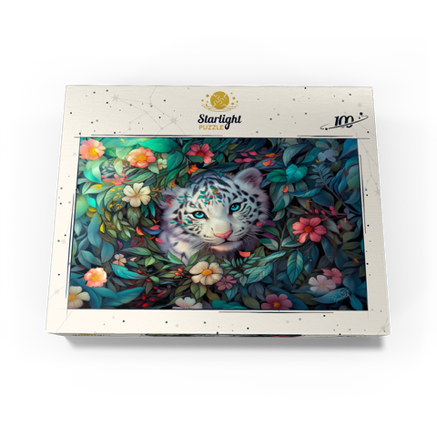 White Tiger Cub Surrounded by Vibrant Jungle Flowers 100 Jigsaw Puzzle box view3
