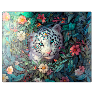puzzleplate White Tiger Cub Surrounded by Vibrant Jungle Flowers 100 Jigsaw Puzzle