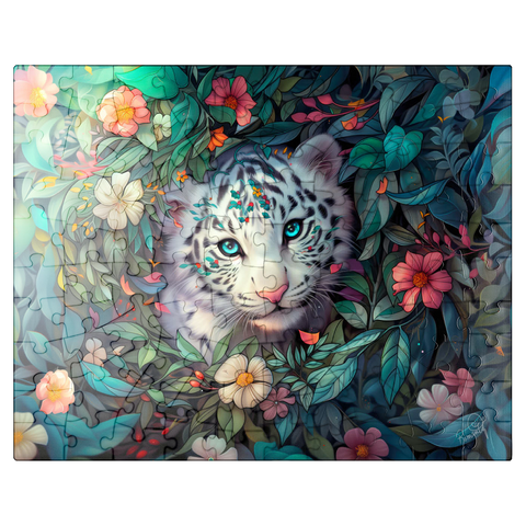 puzzleplate White Tiger Cub Surrounded by Vibrant Jungle Flowers 100 Jigsaw Puzzle