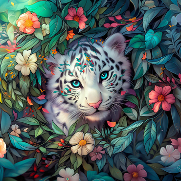 White Tiger Cub Surrounded by Vibrant Jungle Flowers 100 Jigsaw Puzzle 3D Modell