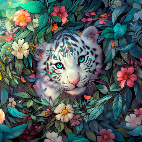 White Tiger Cub Surrounded by Vibrant Jungle Flowers 100 Jigsaw Puzzle 3D Modell