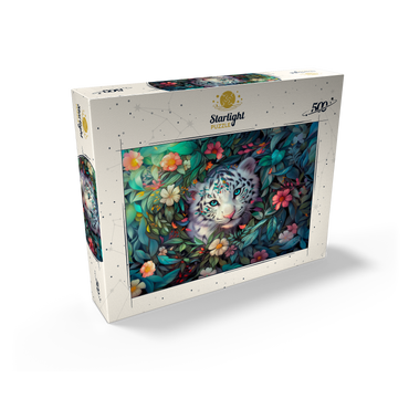 White Tiger Cub Surrounded by Vibrant Jungle Flowers 500 Jigsaw Puzzle box view2