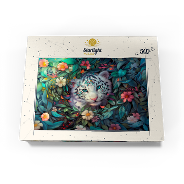 White Tiger Cub Surrounded by Vibrant Jungle Flowers 500 Jigsaw Puzzle box view3