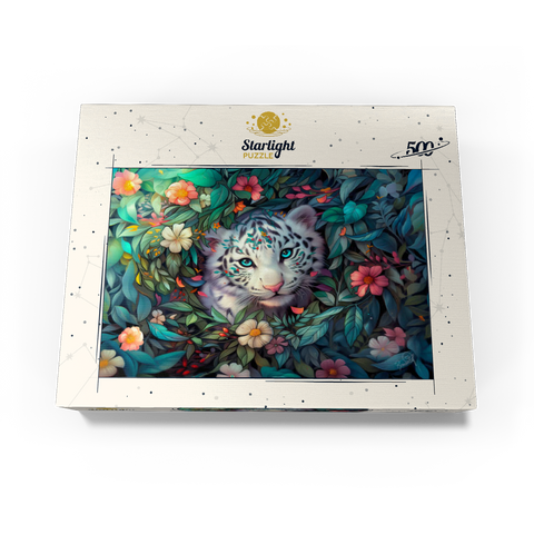 White Tiger Cub Surrounded by Vibrant Jungle Flowers 500 Jigsaw Puzzle box view3