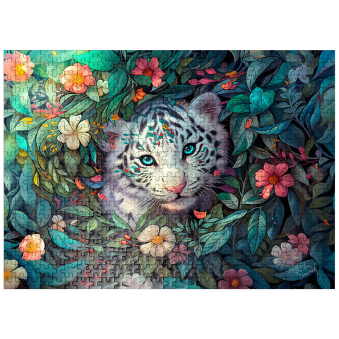puzzleplate White Tiger Cub Surrounded by Vibrant Jungle Flowers 500 Jigsaw Puzzle