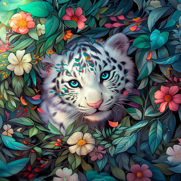 White Tiger Cub Surrounded by Vibrant Jungle Flowers 500 Jigsaw Puzzle 3D Modell