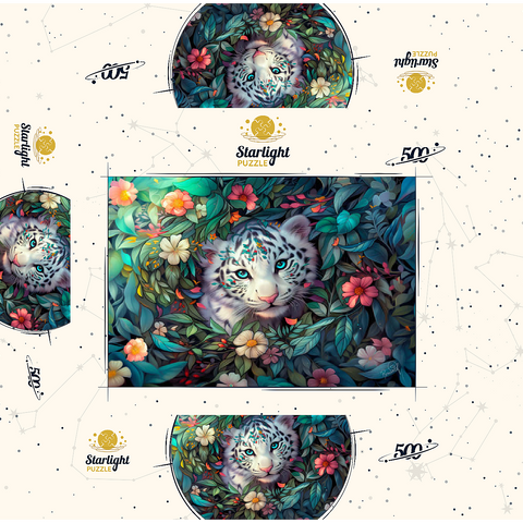 White Tiger Cub Surrounded by Vibrant Jungle Flowers 500 Jigsaw Puzzle box 3D Modell