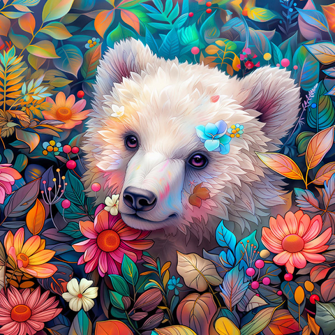 Adorable White Bear Cub Surrounded by Vibrant Flowers 1000 Jigsaw Puzzle 3D Modell