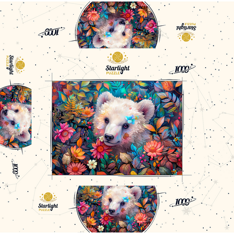 Adorable White Bear Cub Surrounded by Vibrant Flowers 1000 Jigsaw Puzzle box 3D Modell