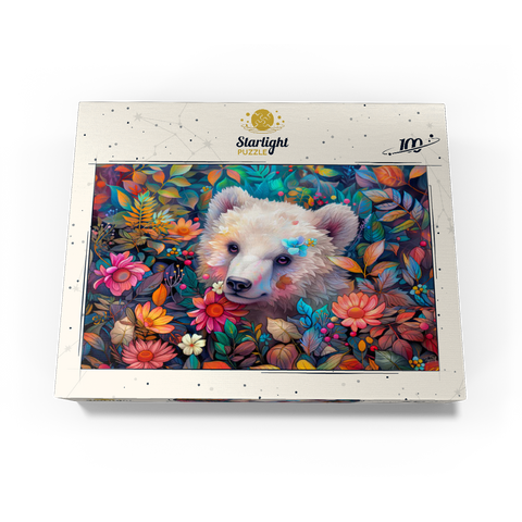 Adorable White Bear Cub Surrounded by Vibrant Flowers 100 Jigsaw Puzzle box view3