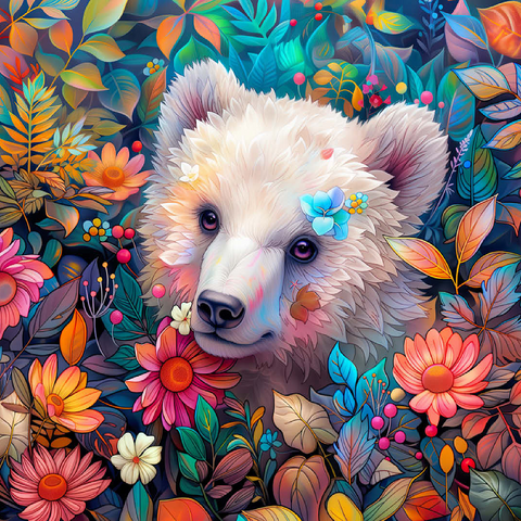 Adorable White Bear Cub Surrounded by Vibrant Flowers 100 Jigsaw Puzzle 3D Modell
