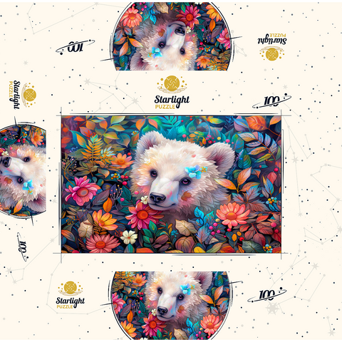 Adorable White Bear Cub Surrounded by Vibrant Flowers 100 Jigsaw Puzzle box 3D Modell