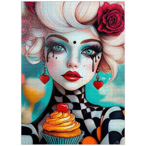 puzzleplate Whimsical Woman with Cupcake and Surreal Makeup 1000 Jigsaw Puzzle