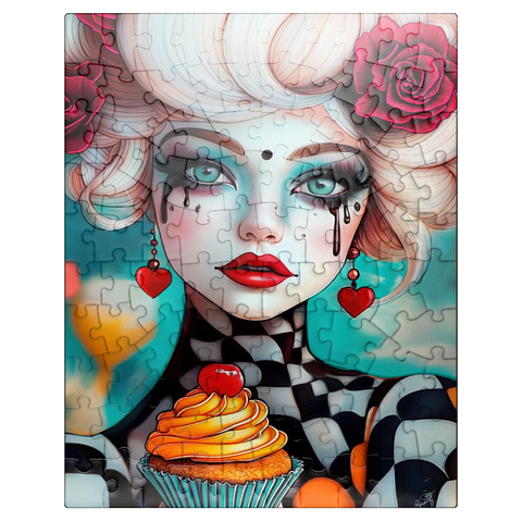 puzzleplate Whimsical Woman with Cupcake and Surreal Makeup 100 Jigsaw Puzzle
