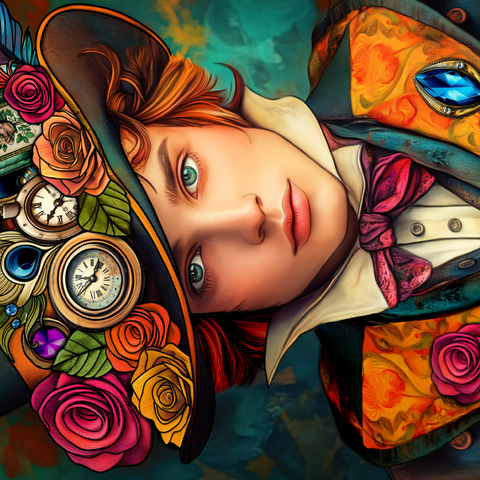 Whimsical Steampunk Gentleman with Floral and Clock-Adorned Hat 500 Jigsaw Puzzle 3D Modell