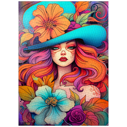 puzzleplate Floral Crowned Woman in Cyan Hat 1000 Jigsaw Puzzle