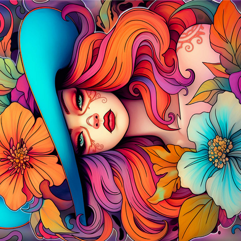 Floral Crowned Woman in Cyan Hat 1000 Jigsaw Puzzle 3D Modell