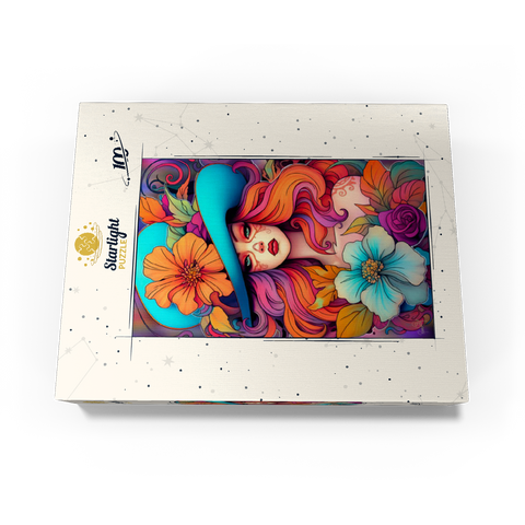 Floral Crowned Woman in Cyan Hat 100 Jigsaw Puzzle box view3