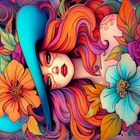 Floral Crowned Woman in Cyan Hat 100 Jigsaw Puzzle 3D Modell