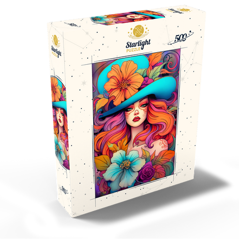 Floral Crowned Woman in Cyan Hat 500 Jigsaw Puzzle box view2