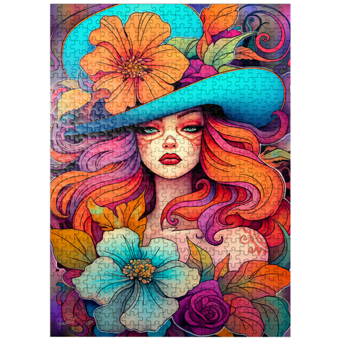 puzzleplate Floral Crowned Woman in Cyan Hat 500 Jigsaw Puzzle