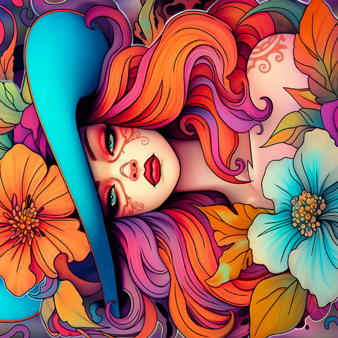 Floral Crowned Woman in Cyan Hat 500 Jigsaw Puzzle 3D Modell