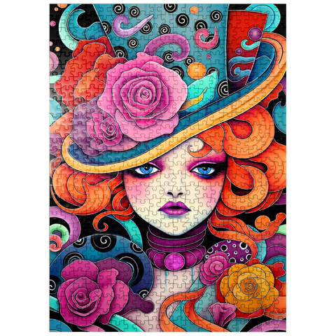 puzzleplate Whimsical Redhead in Rose-Embellished Hat 500 Jigsaw Puzzle