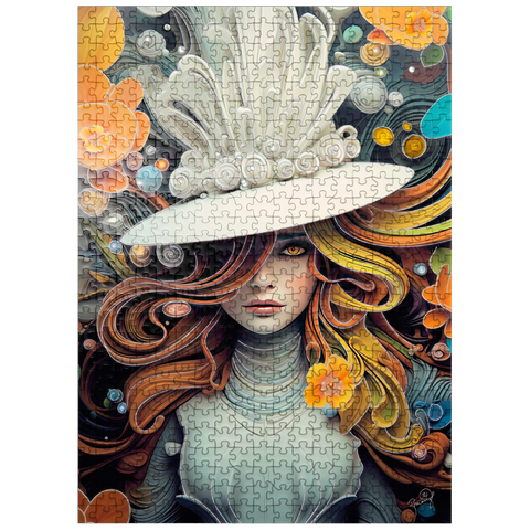 puzzleplate Mystical Woman in Feathered White Hat 500 Jigsaw Puzzle