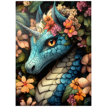 puzzleplate Majestic Blue Dragon with Floral Crown in a Fantasy Forest 1000 Jigsaw Puzzle