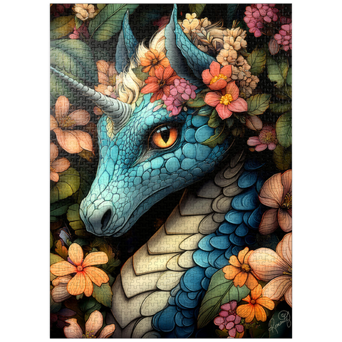 puzzleplate Majestic Blue Dragon with Floral Crown in a Fantasy Forest 1000 Jigsaw Puzzle