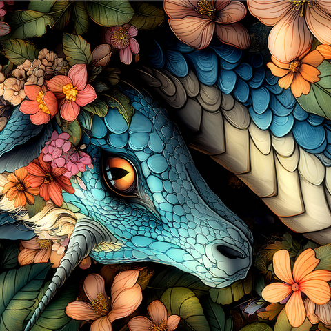 Majestic Blue Dragon with Floral Crown in a Fantasy Forest 1000 Jigsaw Puzzle 3D Modell