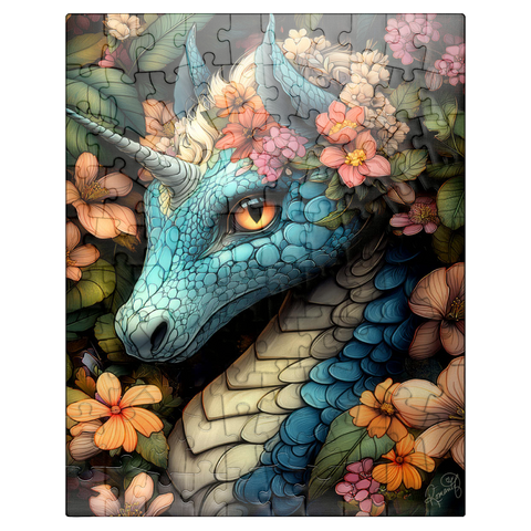 puzzleplate Majestic Blue Dragon with Floral Crown in a Fantasy Forest 100 Jigsaw Puzzle